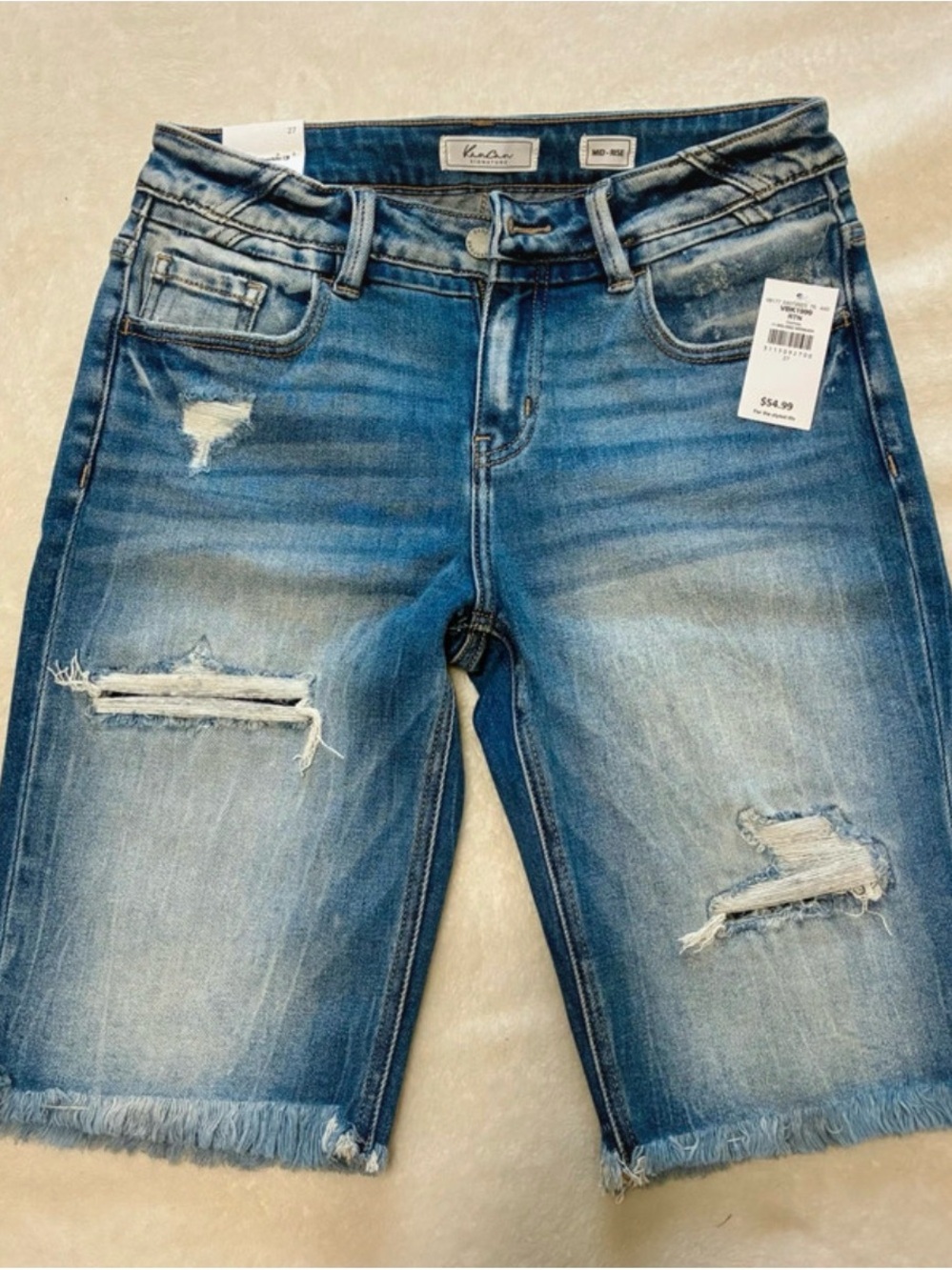 NWT Woman’s KanCan 27 Signature Mid Rise Distressed Bermuda Jean Denim Shorts